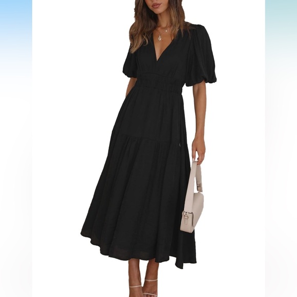 Black Puff Sleeve V-Neck Sundress - Picture 1 of 6
